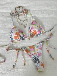 SHEIN Swim Women's Random Print Shell Decor Halter Bikini Set, Spring/Summer - Multicolor - View 4