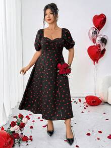 Elenzga Plus Size Sweetheart Neck Multicolor Strawberry Print Long A Line Dress Featuring Puff Short Sleeves And Flared Hem - Multicolor - View 6