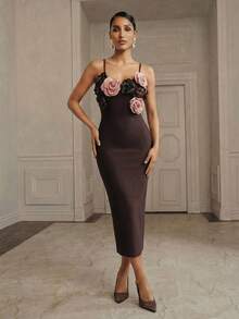 Anewsta Vestido de fiesta de mujer con tirantes finos, ajustado y con efecto vendaje, con estampado floral 3D, disponible en rojo vino, café y marrón - Marrón - Ver 4