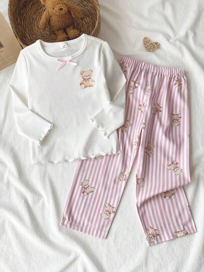 Komplet piżamowy dla dziewczynki z długim rękawem, nadrukiem w kształcie misia i kokardą, prążkowanymi spodniami