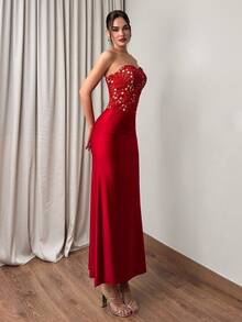 Firerie Đầm dạ hội dáng ôm màu đỏ tía, không dây vai, đuôi cá, thanh lịch, tinh tế, lãng mạn, sang trọng dành cho nữ, chất liệu ren khoét rỗng, satin phối nhiều mảnh, thích hợp cho ngày Valentine, hẹn hò, tiệc tùng, đám cưới, dự tiệc, kỳ nghỉ. - Màu Đỏ Sâu - Xem 5