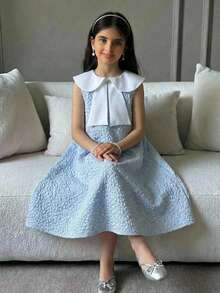 Firerie Kids Tween Girls Cute & Elegant Crew Neck Rhinestone Embellished Bowknot Sleeveless Mini A-Line Dress, Suitable For Daily Gatherings, Parties, Commuting - Blue - View 4