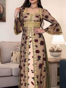 Al Najma New Design 2 In 1 Burgundy Rose Elegant Elegant Romantic Metal Lace Luxurious Party Dress - Multicolor - View 3