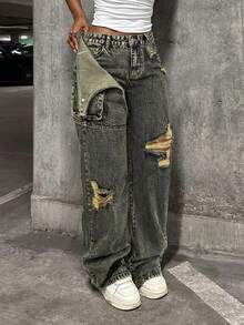 SHEIN Tall Tall Waist Tie Distressed Washed Straight Leg Jeans - Dark Wash - View 5