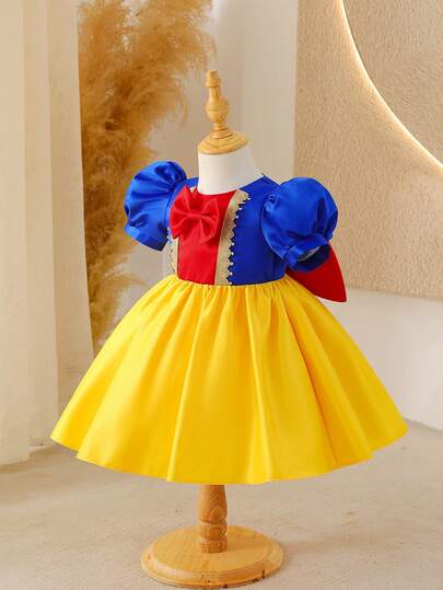 Glamorique Kids 女婴夏季优雅撞色蝴蝶结装饰泡泡袖派对连衣裙