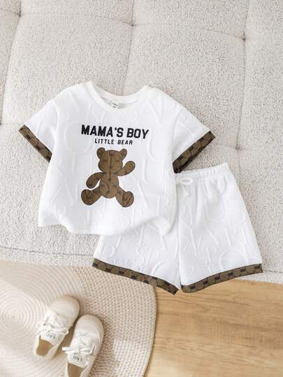 SHEIN 2pcs/Set Unisex Baby Boy Casual Cute Colorblock Cartoon Bear Print White Short Sleeve T-Shirt And White Casual Shorts Set, Suitable For Summer, Spring Outings, Travel And Vacation