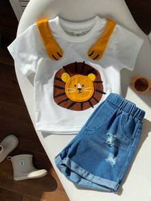 SHEIN 2pcs/Set Baby Boy/Unisex Casual Cute Lion Graphic White T-Shirt And Blue Denim Shorts Set, Summer - Multicolor - View 7