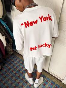 PAVTROS Men's Casual Slogan Embroidered Short Sleeve T-Shirt And Shorts Set, Summer - White - View 2