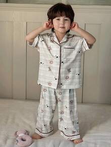 Dazy Kids 男童格子卡通印花短袖上衣和裤子睡衣套装