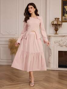 Modelyn Women's Elegant Commuter Long Sleeve Fitted Oblique Collar Top And High Waist Flared Maxi Skirt 2 Pieces Set - Pink - View 3