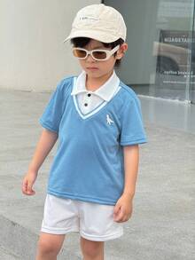 SHEIN 2 Pieces Set Of Young Boys Boys' Casual Sportswear Includes A Cute Little Dinosaur-Patterned 2 In 1 Polo Shirt And Shorts Set, Suitable For Kids' Outfits, Young Boy Clothes, Back To School Boys Set, Suitable For Birthday Parties, Evening Events, Performances, Weddings, Baptisms, And School Commencements. It Is Suitable For Daily Wear, School, Travel, Sports, And Spring And Summer Seasons. - Dusty Blue - View 11