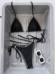 Swim SXY Black Shell Drawstring Ruffle Halter Backless Side Tie Oval Ring Decor Sexy Women Beach Bikini Swimwear Set - Black - View 1