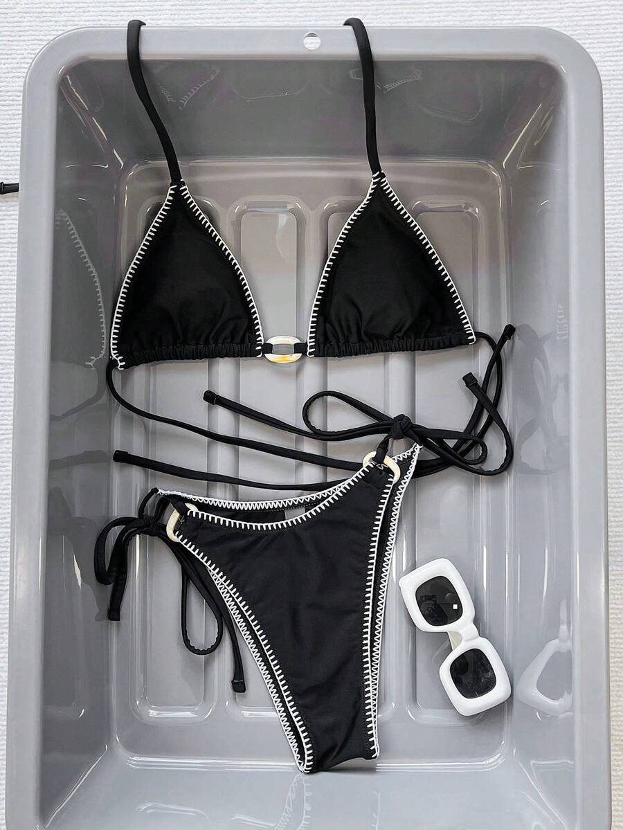 Swim SXY Black Shell Drawstring Ruffle Halter Backless Side Tie Oval Ring Decor Sexy Women Beach Bikini Swimwear Set - Black - View 1