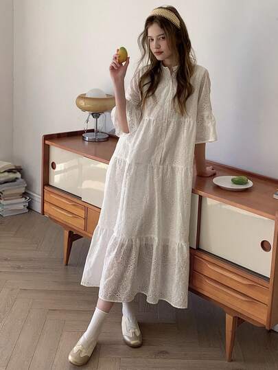 DAZY Teen Girls' Solid Color Regular-Shoulder Mid-Sleeve Embroidered Ruffle Hem Casual Loose Dress Spring Summer