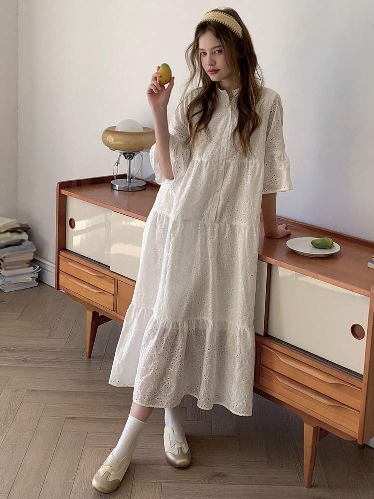 Teen Girls' Solid Color Regular-Shoulder Mid-Sleeve Embroidered Ruffle Hem Casual Loose Dress Spring Summer