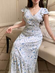 DAZY Ditsy Floral Cinched Waist Long Women's Nightgown - White - View 3