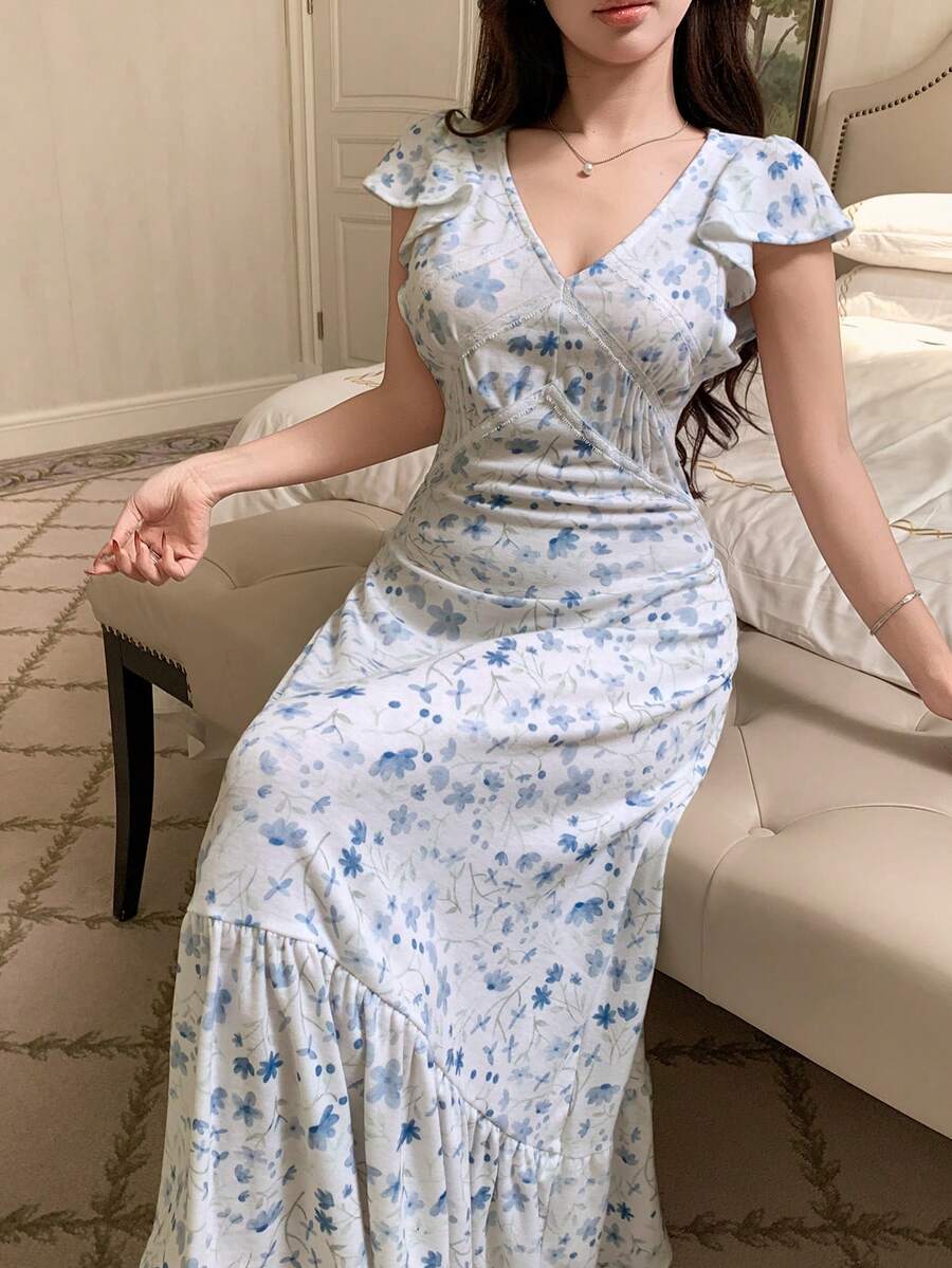 DAZY Ditsy Floral Cinched Waist Long Women's Nightgown - White - View 1