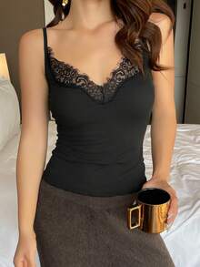 DAZY Lace Patchwork Camisole With Built-In Padded Bra, Women's Undershirt - Black - View 6