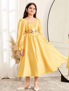 SHEIN Đầm dài tay cổ vuông thời trang và thanh lịch dành cho bé gái tuổi teen - Màu vàng - Xem 4