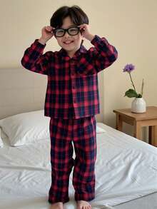 2 piezas Conjunto de camisa a cuadros clásica y pantalones para niño pequeño, ropa de estar en casa informal