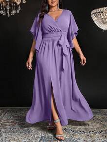 Auvina Vestido elegante de fiesta para mujer de talla grande con cuello en V ajustado, mangas acampanadas, cintura con lazo y abertura, en unicolor - Púrpura malva - Ver 3