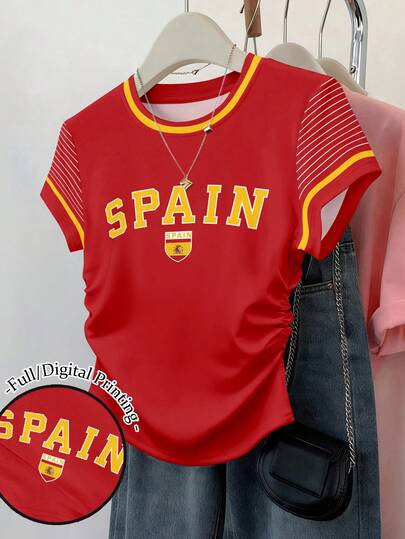 SHEIN Women's Waist Cinched Short Sleeve Fitted Ruched Waist Top Spain Letter Print Graphic Short Sleeve Stripe T-Shirt Tee