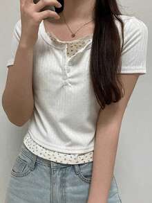 DAZY 女士拼接二合一修身短袖T恤，白色，春夏款 - 白色 - 查看 4