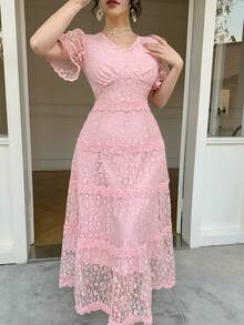 DAZY 法式蕾丝喇叭连衣裙，奢华高端优雅女士夏季长款连衣裙 - 泡泡糖粉 - 查看 5