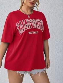 SHEIN EZwear 加大码字母图案落肩T恤 加州加大码T恤 - 紅色 - 查看 5