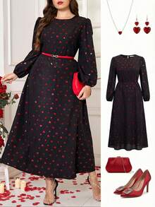 Gownix Plus Size Women's Valentine's Day Heart Print Lantern Sleeve Waist Cinched Dress,Black And Red Autumn Elegant Party New Year Eve Nye Outfits Flower - Multicolor - View 8