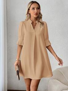 SHEIN Clasi Đầm nữ màu trơn cổ chữ V tay bồng dáng rộng - Màu Khaki - Xem 4