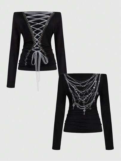 Grunge Punk Dark Punk Print Off-Shoulder Long Sleeve T-Shirt With Tie, Versatile Layering Top