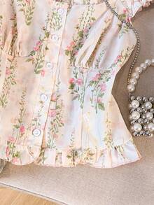 SHEIN PETITE Áo sơ mi nữ kiểu dáng đi nghỉ mát, họa tiết hoa, viền bèo nhún. - Hồng - Xem 4