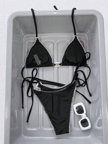 Swim SXY Black Shell Drawstring Ruffle Halter Backless Side Tie Oval Ring Decor Sexy Women Beach Bikini Swimwear Set - Black - View 2