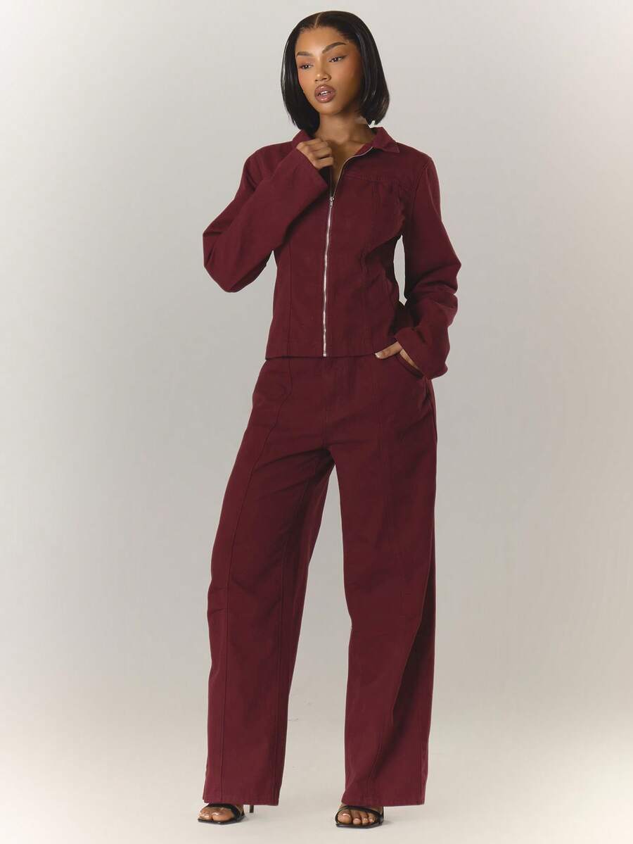 MUSERA Celana Jeans Potongan Lebar dengan Kantong Miring untuk Musim Semi dan Musim Panas - Burgundy - View 1