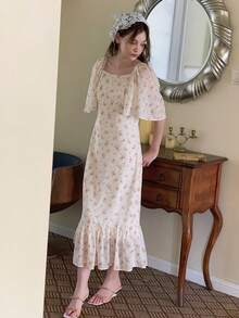 DAZY 少女方领碎花短袖休闲夏季连衣裙 - 杏色 - 查看 5