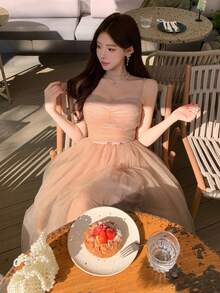 DAZY 女士蕾丝面料吊带芭蕾舞裙，饰有蝴蝶结，修身薄纱连衣裙 - 藕粉色 - 查看 9