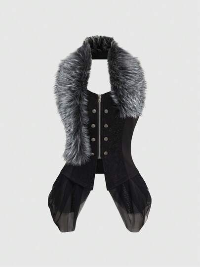 Grunge Punk Top de mujer con diseño de espalda descubierta, cuello de piel desmontable, parches de malla y estilo náutico punk