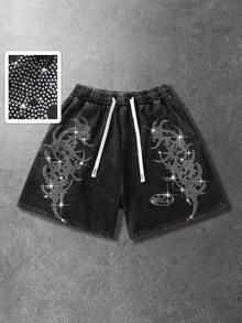 ROMWE MEN Street Life Men's Casual Street Style Rhinestone & Thorn Print Shorts - Black - View 3