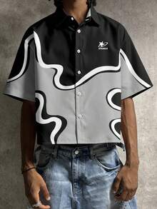 Manfinity EMRG Men's Black Grey White Abstract Wavy Line Curve Sparkle Planet Logo Print Short Sleeve Shirt | Summer Streetwear Y2K Vintage Futuristic Fluid Art Color Block Button Down Collar Top | Urban Casual Modern Minimalist Space Theme Holiday Vacation Camp Shirt | Soft Breathable Premium Daily Outdoor Outerwear,Men's Printed Short Sleeve Shirt Mens Short Sleeve Shirt Mens Street Wear Shirt Mens Black And White Shirt - Multicolor - View 4