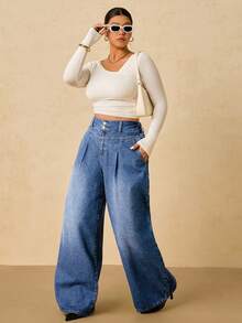 SHEIN Tall CURVE Plus Size Women's Fashion Wide Leg Pockets Jeans - Medium Wash - View 7