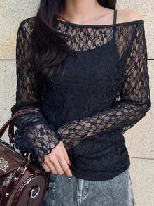FRIFUL Women's Solid Black Sheer Lace Fabric Layered Slim Fit Versatile Blouse - Black - View 4
