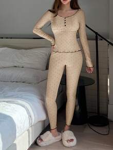 DAZY 2pcs Women Contrast Trim Polka Dot Print Brushed Fabric Slim Fit Pajama Set, Suitable For Spring - White - View 4