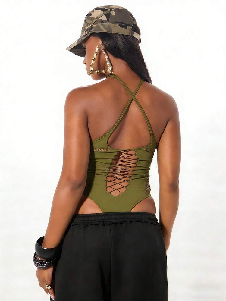 SUMWON WOMEN Halter Cutout Bodysuit With Lace Up Details