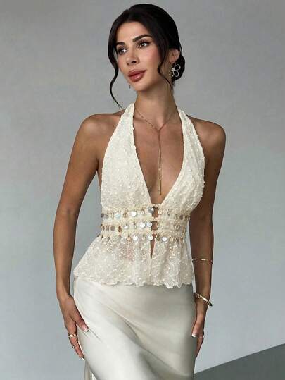 Firerie Women's New Sexy Beach Vacation V-Neck Backless Three-Layer Shell Tassel Floral Trim A-Line Sheer Halter Top, Suitable For Vacation, Date Night And More, Spring/Summer Clothing, Elegant, Commute, Date, Party, Music Festival, Wedding Season