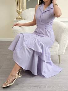 Modelyn Đầm nữ kẻ sọc, cài cúc phía trước, dáng suông, không tay, dài đến đầu gối. - Màu tím hoa cà - Xem 5