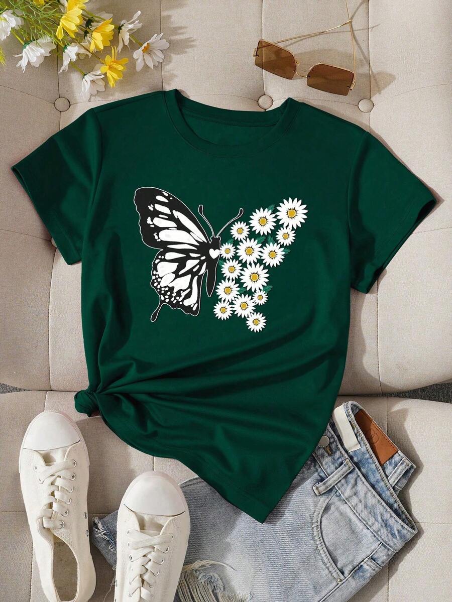 INAWLY Floral And Butterfly Print Tee Graphic Tees Women Tops - Dark Green - View 1