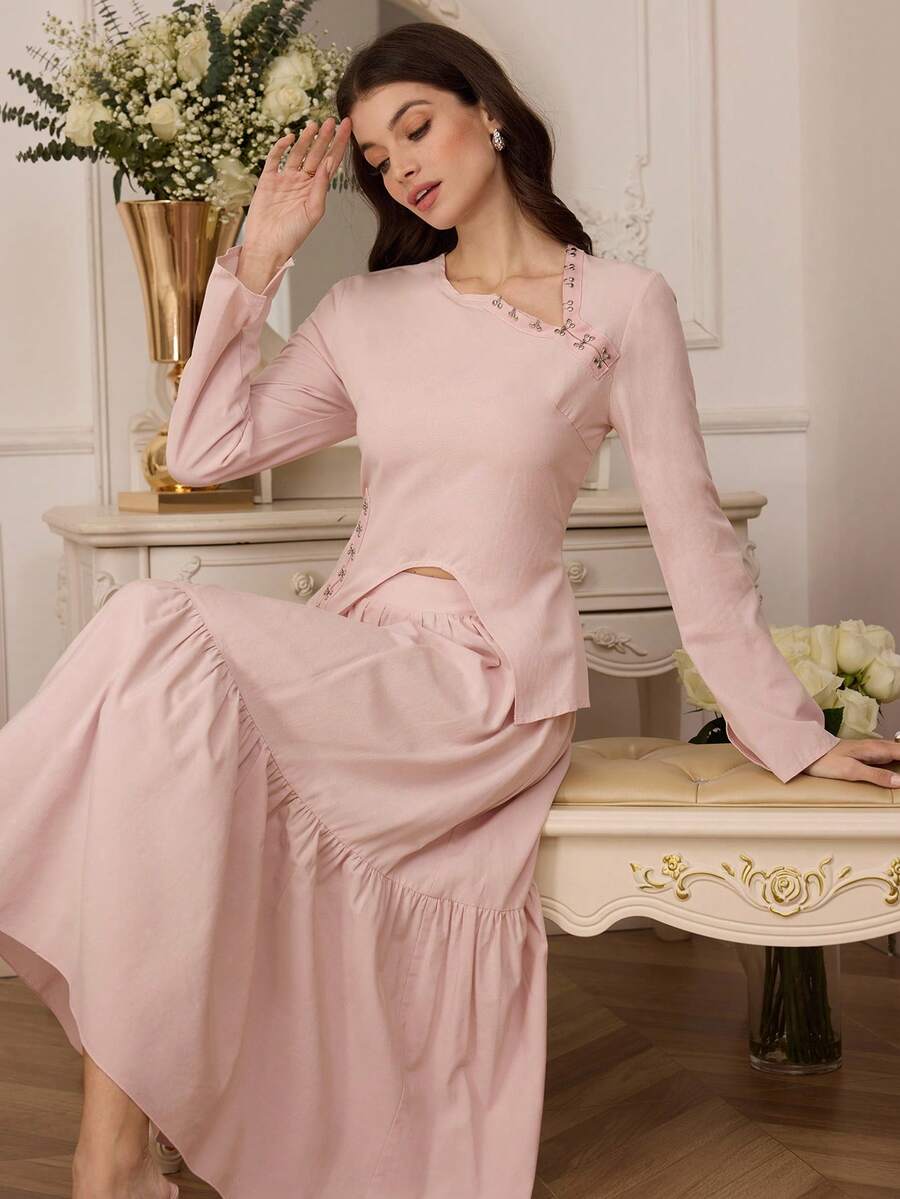 Modelyn Women's Elegant Commuter Long Sleeve Fitted Oblique Collar Top And High Waist Flared Maxi Skirt 2 Pieces Set - Pink - View 1