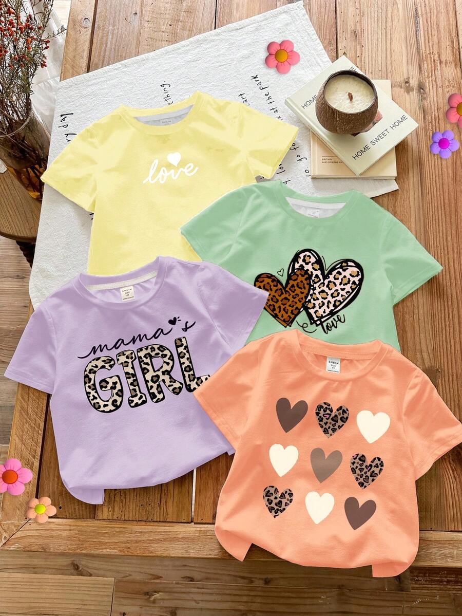 SHEIN LMoss Kids Bộ 4 áo thun ngắn tay cổ tròn in họa tiết da báo cổ điển, chữ "Mama's Girl" dành cho bé gái, thích hợp cho mùa xuân/hè. - Nhiều màu - Xem 1