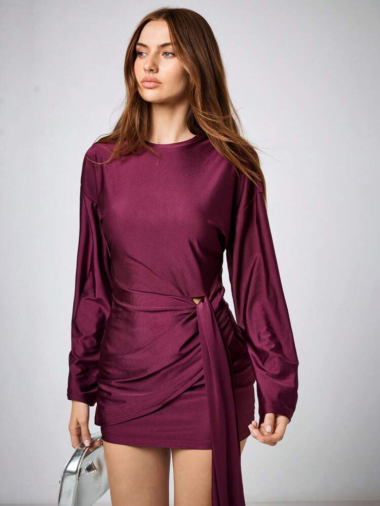 SHEIN Maija 2026年 無地ラウンドネック 長袖 リボンデザイン エレガントショートドレス